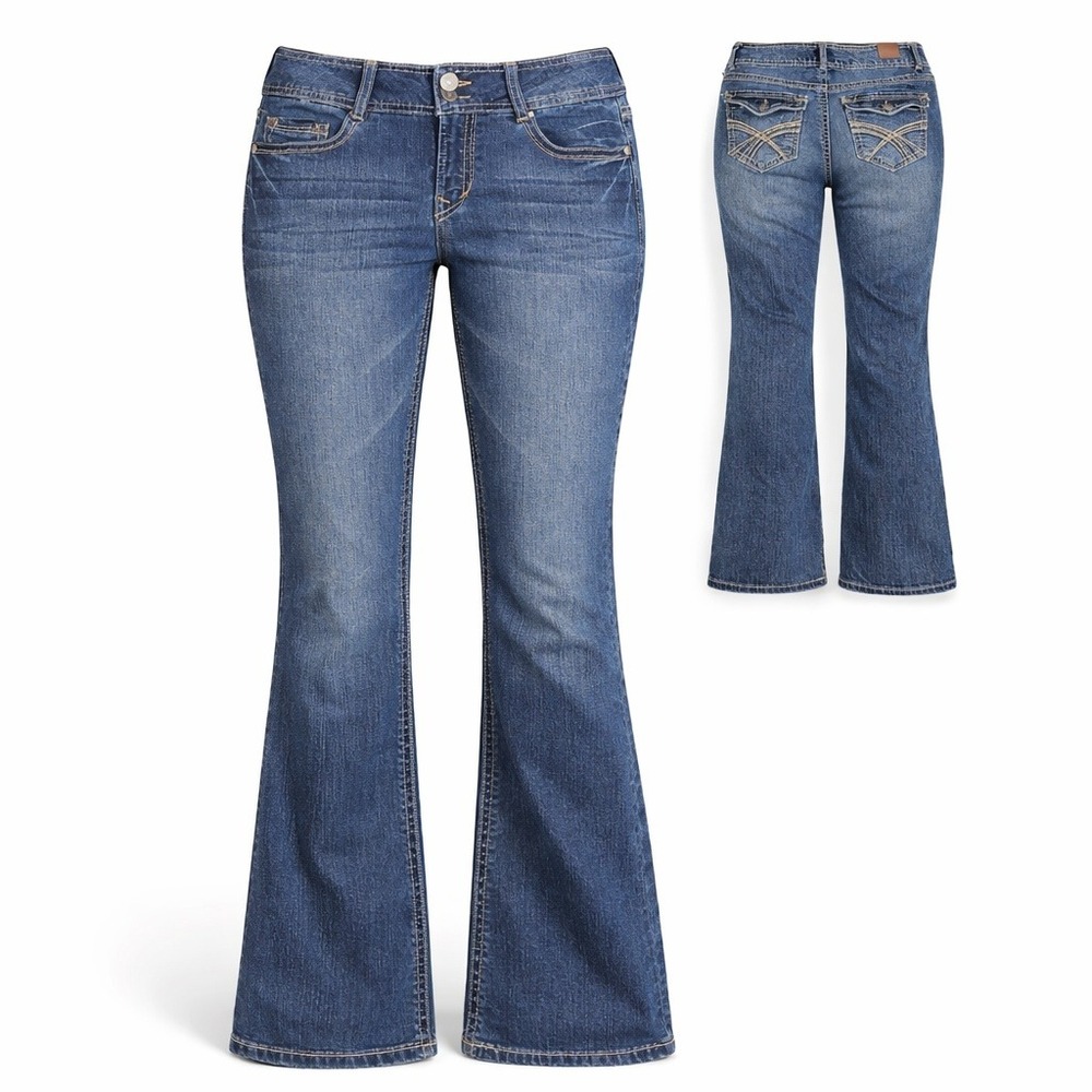 WallFlower Luscious Curvy Bootcut Jeans 7 Blue Stretch Y2K Contrast Stitch Mid